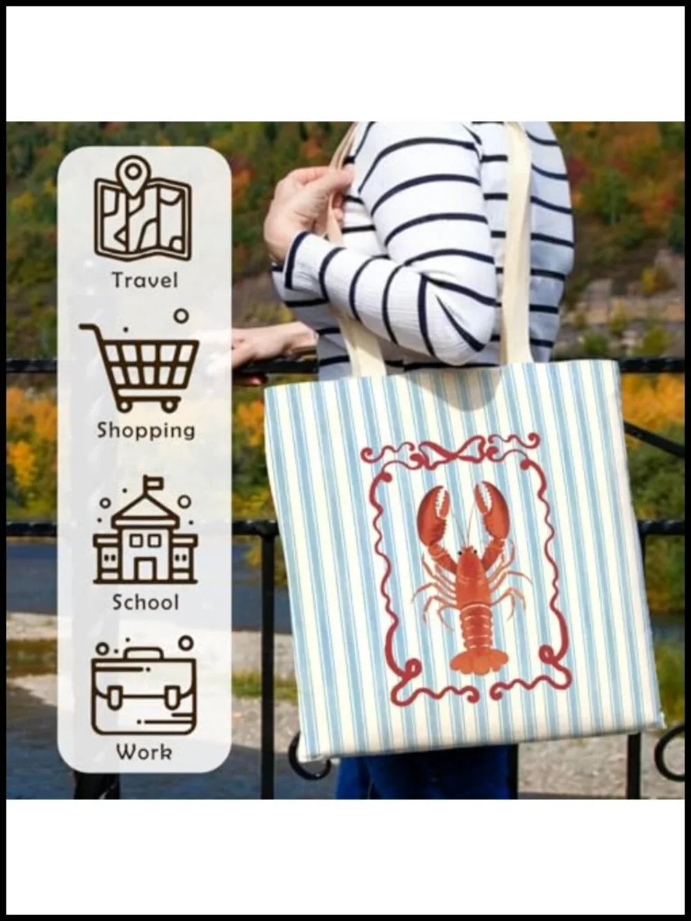 Linen Canvas Tote Bag with Lobster Print, Reusable Shopping Grocery Bag